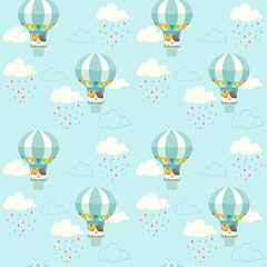 Fototapete Tiermuster mit Fahrzeugen Katze im Heißluftballon Wolkenmuster  © Guppic the duck