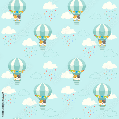 The seamless pattern of cute cat sitting in the hot air balloon on the sky. The pattern of cloud and rain drop. The character of cute cat in flat vector style.