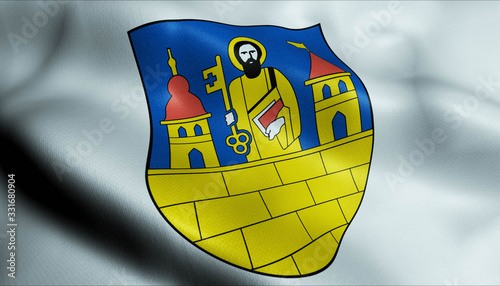 3D Waving Germany City Coat of Arms Flag of Reichenbach im Vogtland Closeup View photo