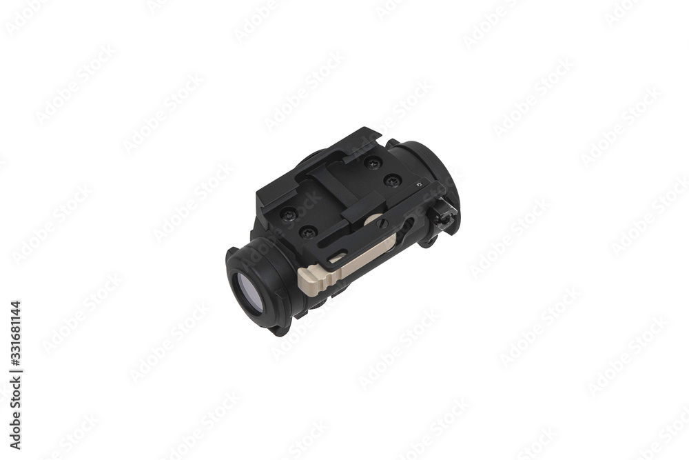 modern black optical scope for weapon isolated on whited. sight scope isolated on white back. modern black optical scope for weapon isolated on whited. sight scope isolated on white back.