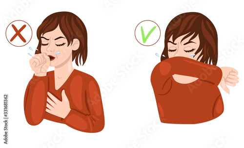 Woman coughs in the arm and elbow isolate on a white background. Banner on measures to prevent the spread of infection. Vector graphics.