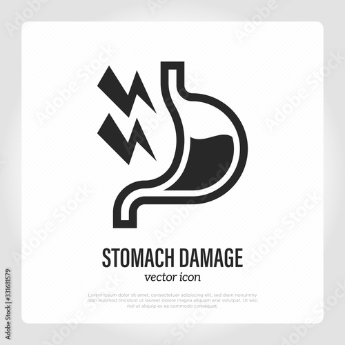 Stomach damage. Thin line icon. Gastroesophageal reflux, abdominal inflammation, consequences of alcohol abuse. Healthcare and medical vector illustration.