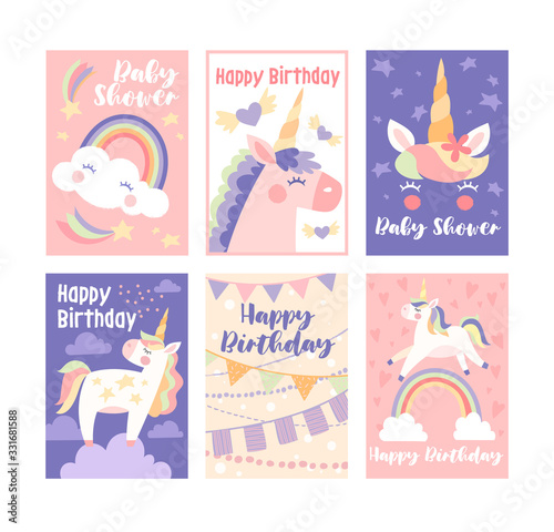 Set of 6 pretty muted birthday cards and baby shower greeting cards with unicorns and rainbows in shades of pink and blue, vector illustration