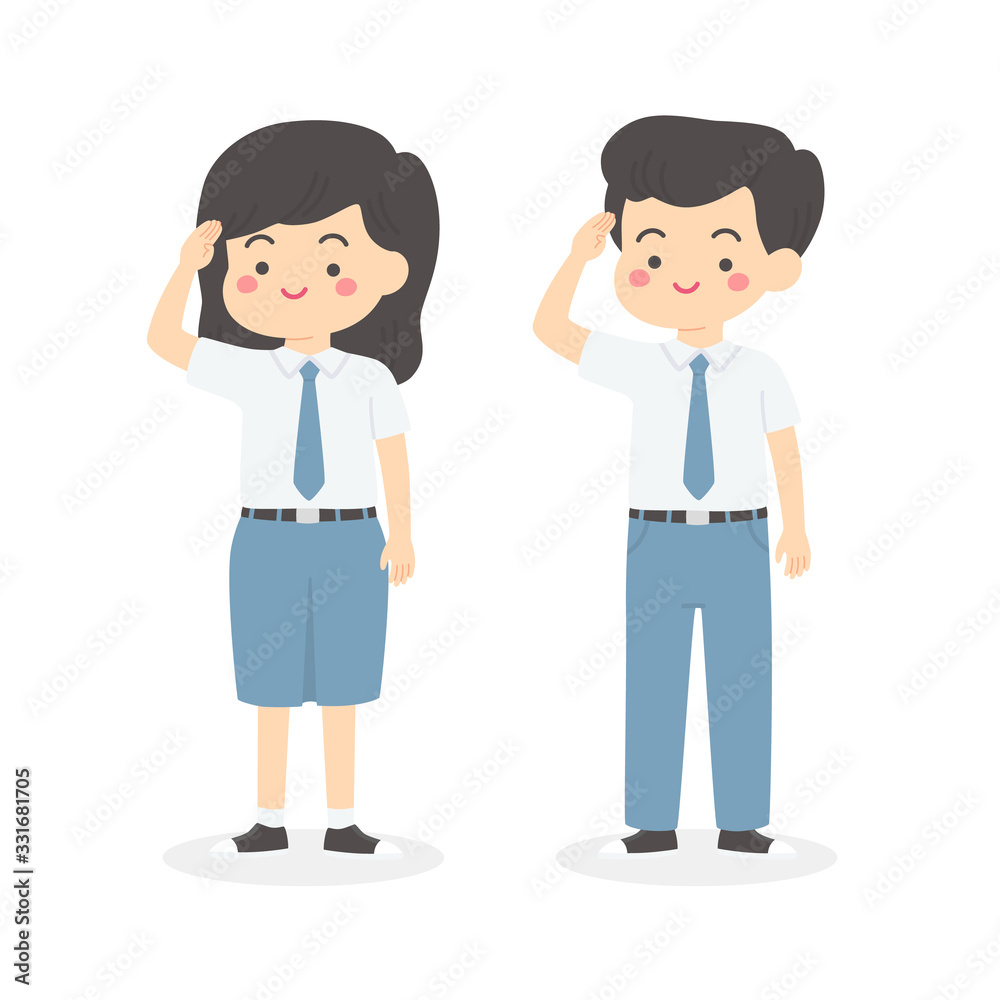 Cute Indonesian Senior High School Boy Girl Student Wearing Gray and White Uniform Giving Salute Independence Day Cartoon Vector Illustration