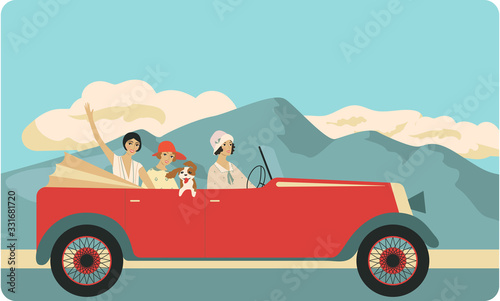 Three girls and dog travel in car. 1920s style illustration.