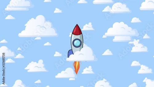 Cartoon rocket flying up around on blue sky with fluffy clouds background. Seamless looping animation.