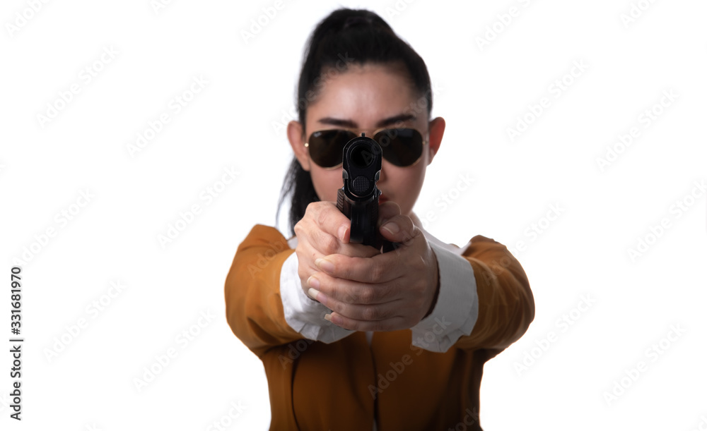 Women pointing guns look at the camera, Portrait beautiful asia woman wearing a yellow suit one hand holding pistol gun at the white background, Young sexy girl long hair with a handgun Women pointing guns look at the camera, Portrait beautiful asia woman wearing a yellow suit one hand holding pistol gun at the white background, Young sexy girl long hair with a handgun