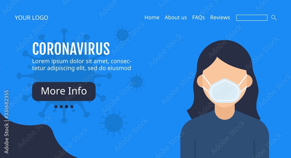 coronavirus covid-19 girl wearing face mask website interface with corona virus vector illustration in flat style, coronavirus covid-19 girl wearing face mask website interface with corona virus vector illustration in flat style,