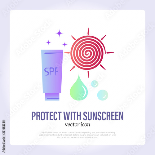 Sunscreen bottle thin line icon. Sun protection on the beach. Skin care. Vector illustration.