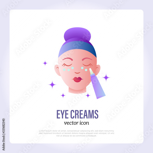 Eye cream or concealer, applying under eye zone. Thin line icon. Skin care, anti aging treatment. Vector illustration.