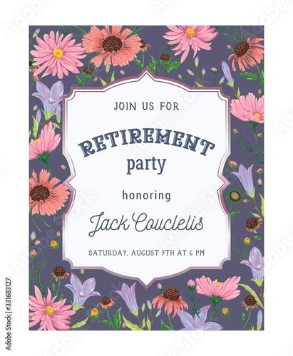 Retirement party invitation. Design template with bluebells, chamomile and daisy flowers. Rustic romantic floral background. Vintage vector botanical illustration in watercolor style