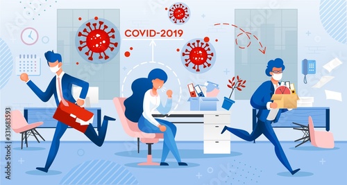 Coronavirus Spread around People. Sick Woman Employee Coming to Work. Covid19 Virus Infection Transmission via Cough. Coworker in Facial Mask Run Away in Panic. Health Preservation Personal Hygiene