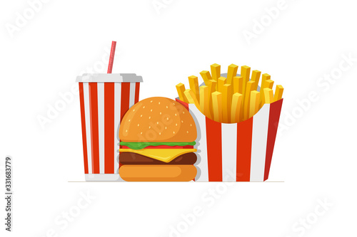 Fast sreet food takeaway lunch meal set. Classic cheese burger with french fries pack and soft drink soda cup. Flat isolated eps vector illustration