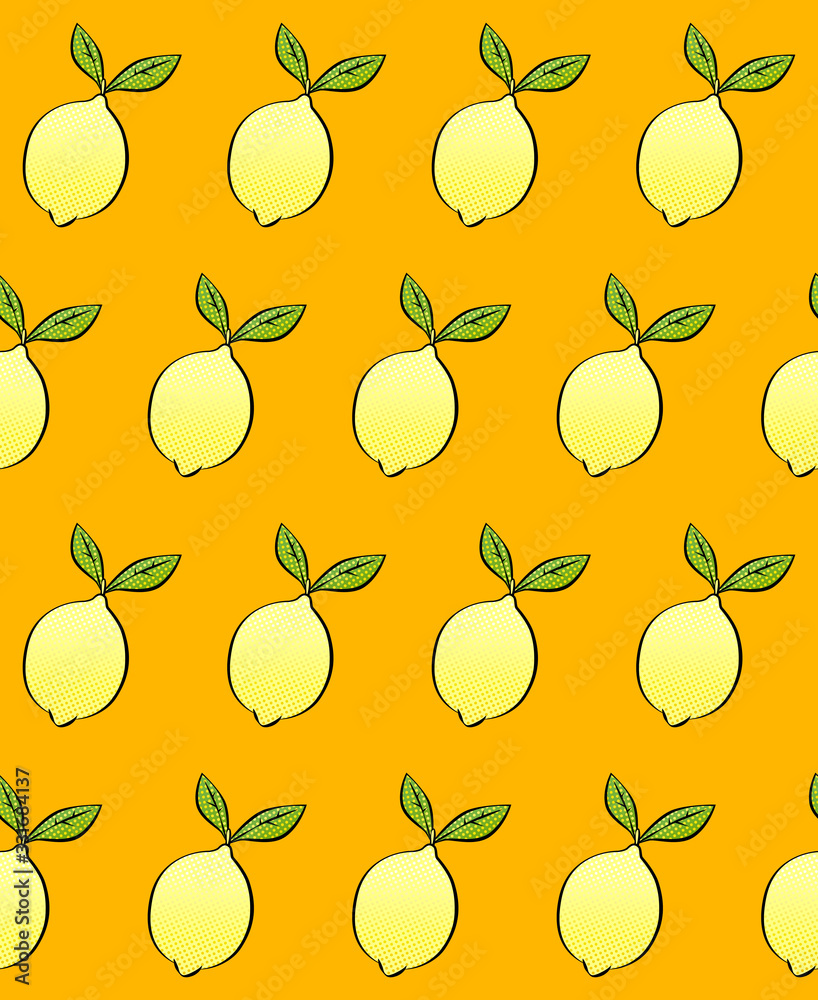 Obraz premium Seamless pattern with gradient yellow lemon and green leaf on orange background. Polka dot texture. Vector stock for web, printing, textile and wallpaper. Summer and fresh mood