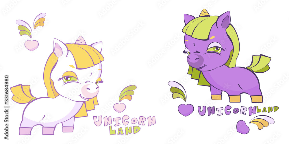 Two cute little girl unicorns, purple and white