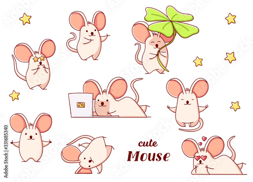Set cute kawaii hand drawn mouse doodles, isolated on white background, clipart