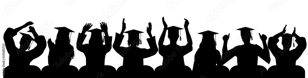 Graduates in square academic caps applauding, silhouettes. Vector illustration.