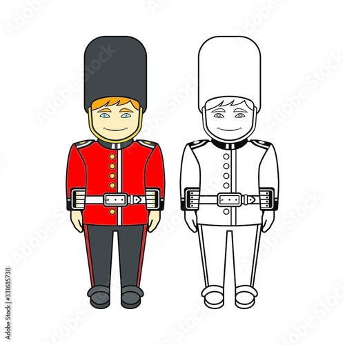 Cartoon of a Queen's Guard in Traditional Uniform, British Soldier Isolated on White. For Coloring Book