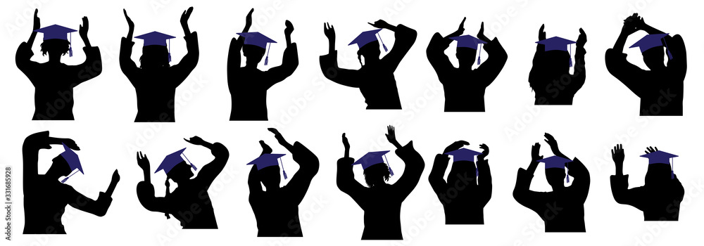 Set of happy students graduates in square academic caps, applauding people. Vector illustration.