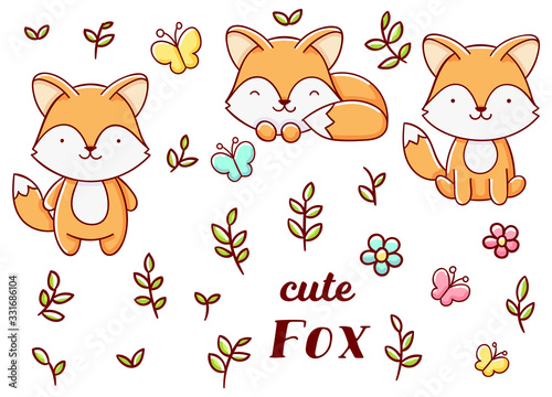 Set cute kawaii hand drawn fox doodles, isolated on white background, clipart
