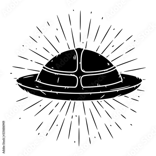 Flying saucer. Hand drawn vector illustration with a UFO and divergent rays.