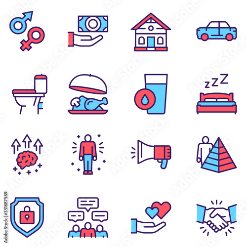 Hierarchy of human needs linear color icon set. Maslow Pyramid concept.