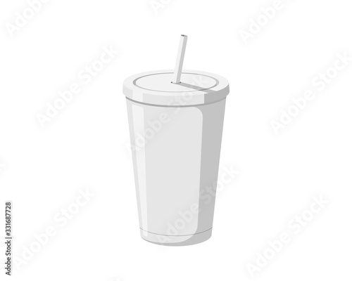Disposable 3d white paper or plastic beverage cup packaging template with drinking straw for soda or fresh juice cocktail. Vector flat eps mockup illustration isolated on white background