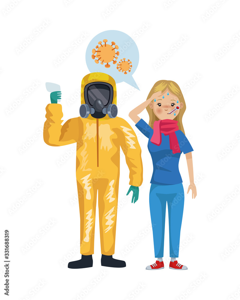 man with biohazard suit and woman sick characters man with biohazard suit and woman sick characters