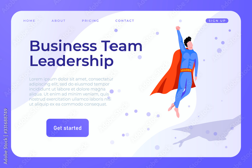 Business team leadership web page landing template with superhero man concept as a leader of team.