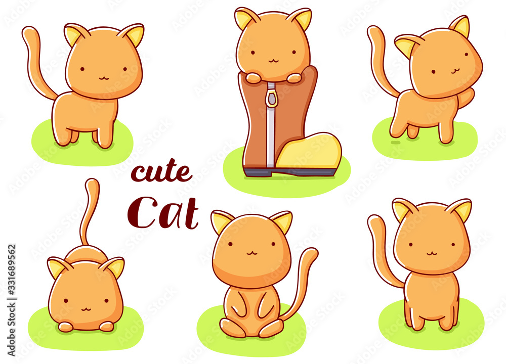 Set cute kawaii hand drawn cat doodles, isolated on white background ...