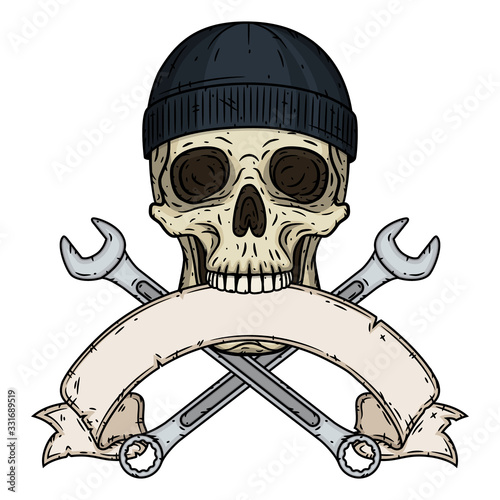 Skull with tools. Skull with crossed wrenches, bone and ribbon for your text. Vector skull with spanner.