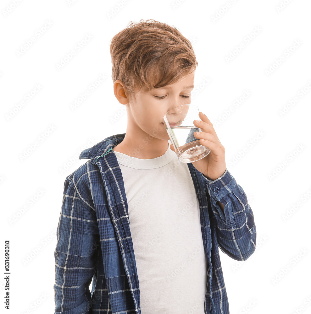 Cute little boy with glass of water on white background Cute little boy with glass of water on white background