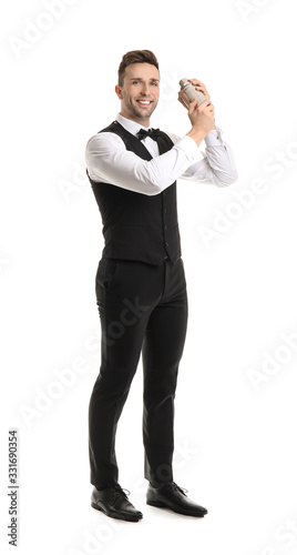 Handsome male bartender on white background