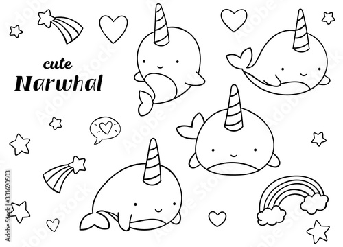 Coloring pages, black and white, set cute kawaii hand drawn narwhal doodles photo