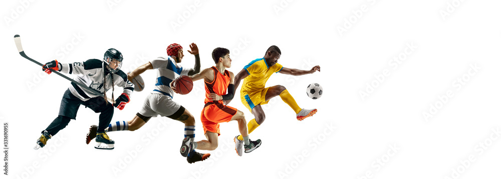 High flight. Young sportsmen running and jumping on white studio background. Concept of sport, movement, energy, healthy lifestyle. Training, practicing in motion. Flyer. Hockey, soccer, basketball. High flight. Young sportsmen running and jumping on white studio background. Concept of sport, movement, energy, healthy lifestyle. Training, practicing in motion. Flyer. Hockey, soccer, basketball.