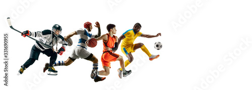 Fototapeta Naklejka Na Ścianę i Meble -  High flight. Young sportsmen running and jumping on white studio background. Concept of sport, movement, energy, healthy lifestyle. Training, practicing in motion. Flyer. Hockey, soccer, basketball.