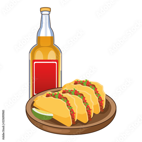 tequila bottle and tacos mexican icons