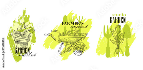 Vector stock logo set for garden markets and farming shops. Labels with plant in pot, wheelbarrow with seedlings, tulip in engraving sketch style on the green brushstroke background. Isolated on white