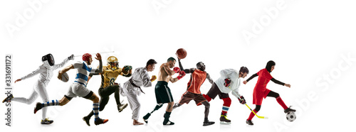 Fototapeta Naklejka Na Ścianę i Meble -  High flight. Young sportsmen running and jumping on white studio background. Concept of sport, movement, dynamic, healthy lifestyle. Training, practicing in motion. Flyer. MMA, fencing, football.