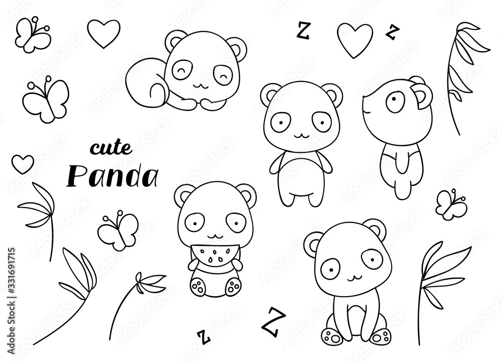 Coloring pages, black and white, set cute kawaii hand drawn panda ...