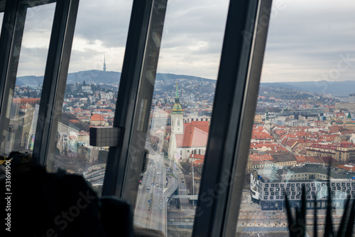 View of the Danube River and Bratislava from the panoramic cafe in Bridge of the Slovak National Uprising