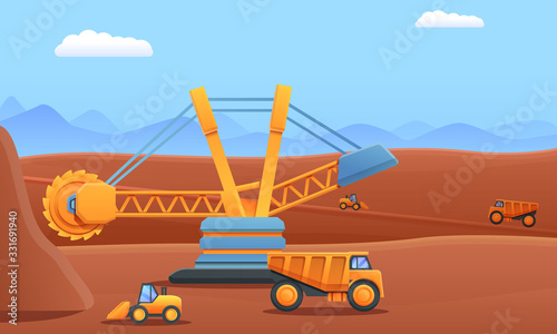 Cartoon mining digger dump truck and excavator working in a quarry, vector illustration