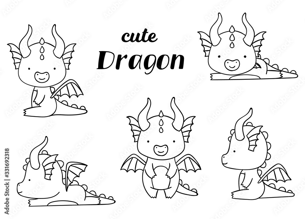 Coloring pages, black and white, set cute kawaii hand drawn dragon ...