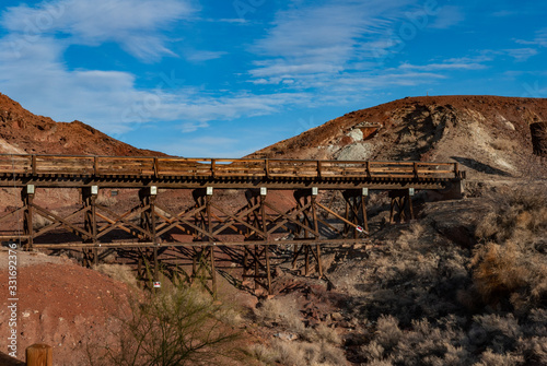 Old wooden railway bridge in Calico Ghost Town, former silver mine town.