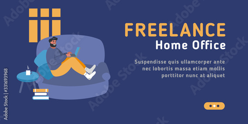 Freelancer home office workplace, leisure concept. Flat style modern web site vector illustration of freelance young man wearing casual clothes using computer in living room interior.