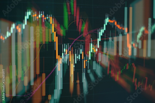 Technical price graph and indicator, red and green candlestick chart on blue theme screen, market volatility, up and down trend. Stock trading, crypto currency background.