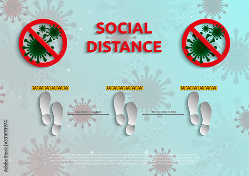 Social Distance 1 meter for prevention of spreading the infection in Covid-19 Outbreak. Vector illustration of 3 people icon with 1 meter distance concept and stop spreading bacteria icon.