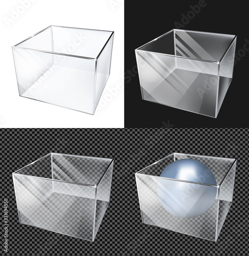 Transparent glass cube. Realistic aquarium. Special showcase