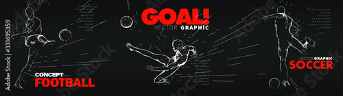 Naklejka A set of fotball, soccer players drawing by lines with text. Creative sport concept. Art vector graphic for brochures, flyers, presentations, logo, print, web