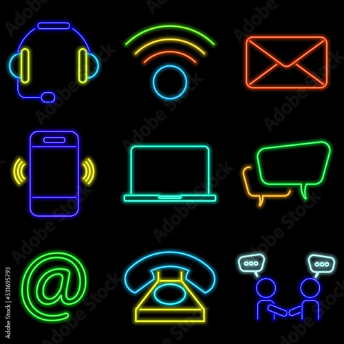 vector neon flat design icon set of communication symbol, like wi-fi, smarphone, headphone, mail and more illustration